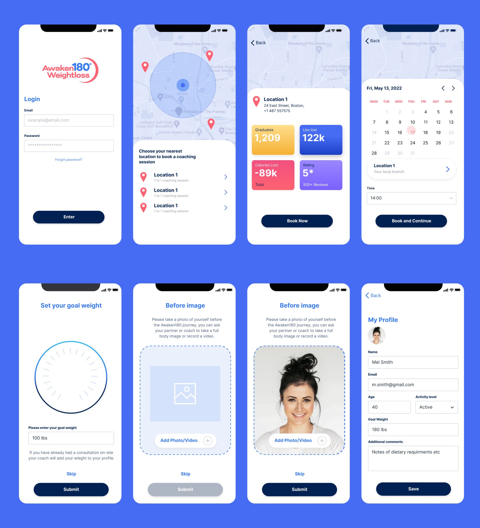 Awaken180 — login, izbor lokacije, zakazivanje coaching sesije i onboarding (cilj, before slika, profil)
