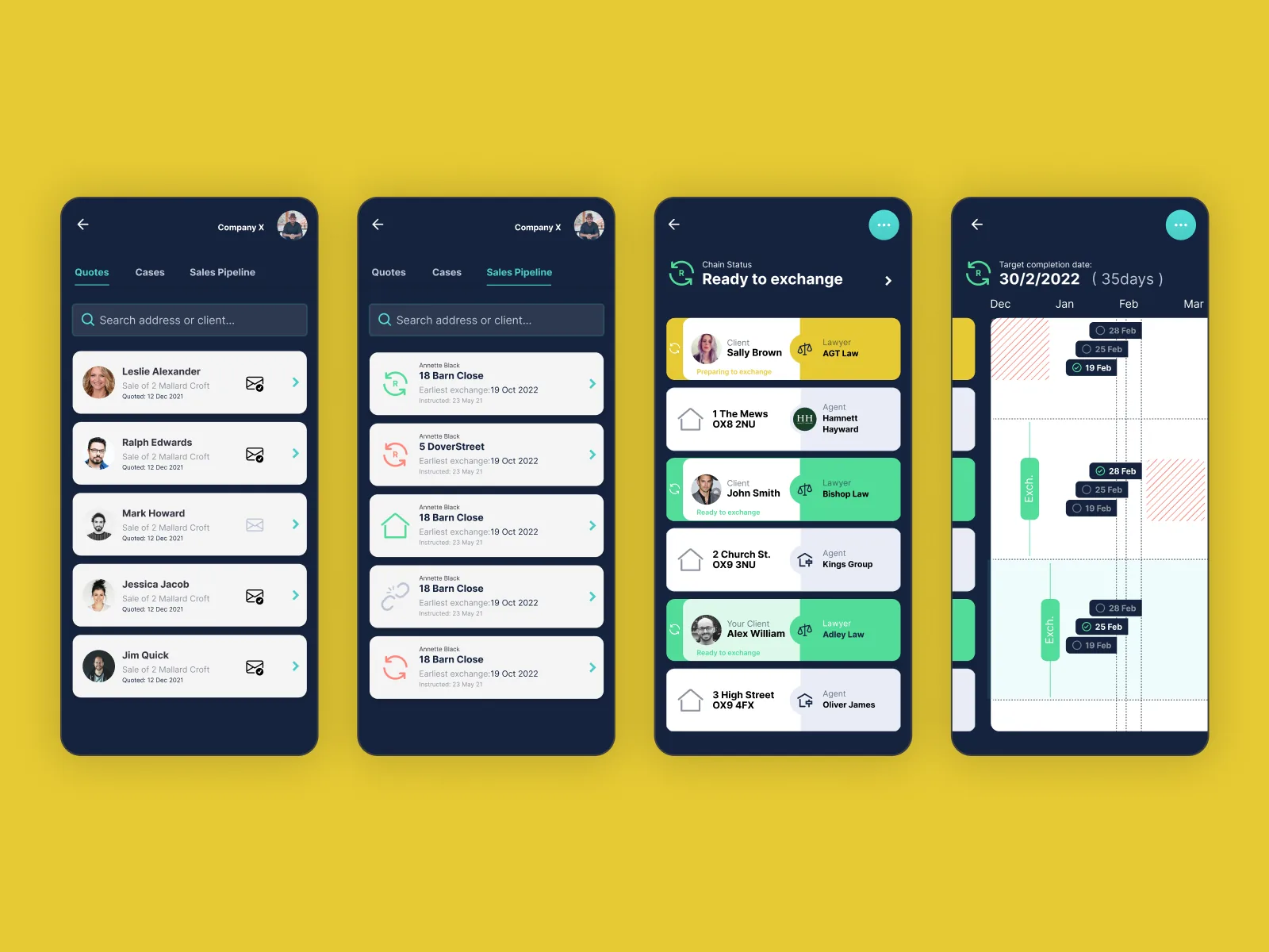 App ekrani — Quotes, Sales Pipeline, Chain Status i timeline