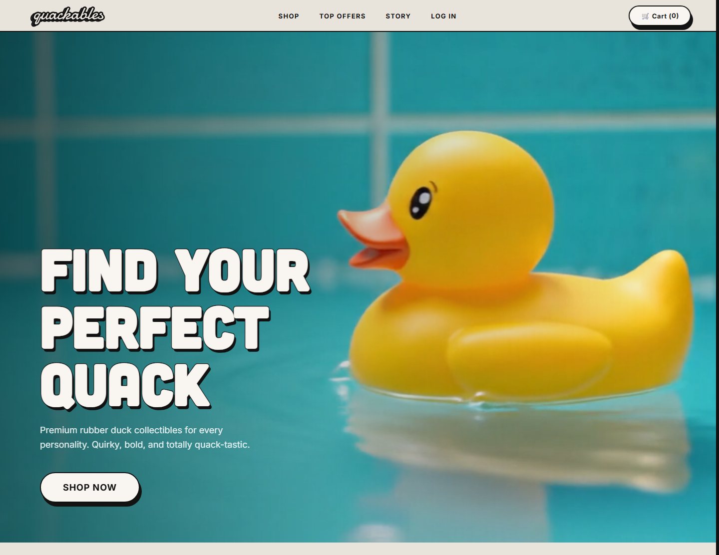 Quackables — hero sajta, gumena patka i naslov Find your perfect quack