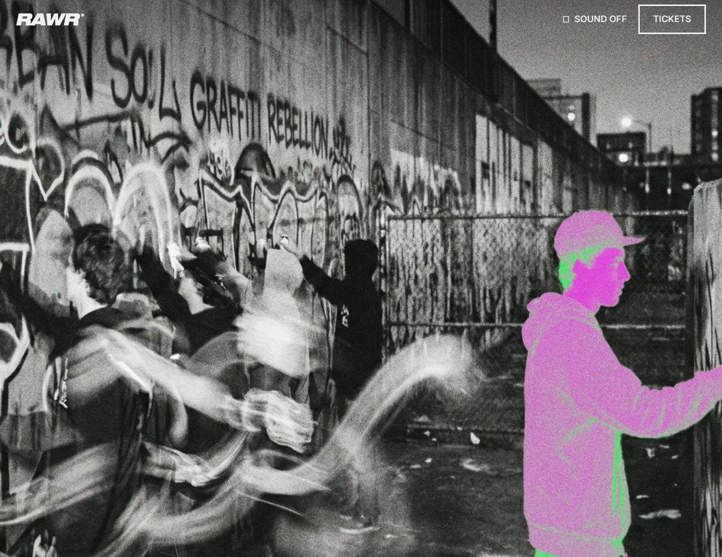 Rawr — sajt sa grafitima, crno-bela fotografija i neon roze figura