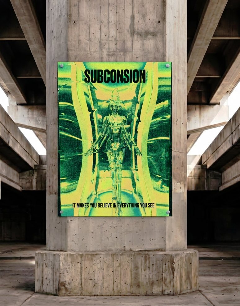 Subconsion — poster, hromirana figura u zeleno-žutom tunelu