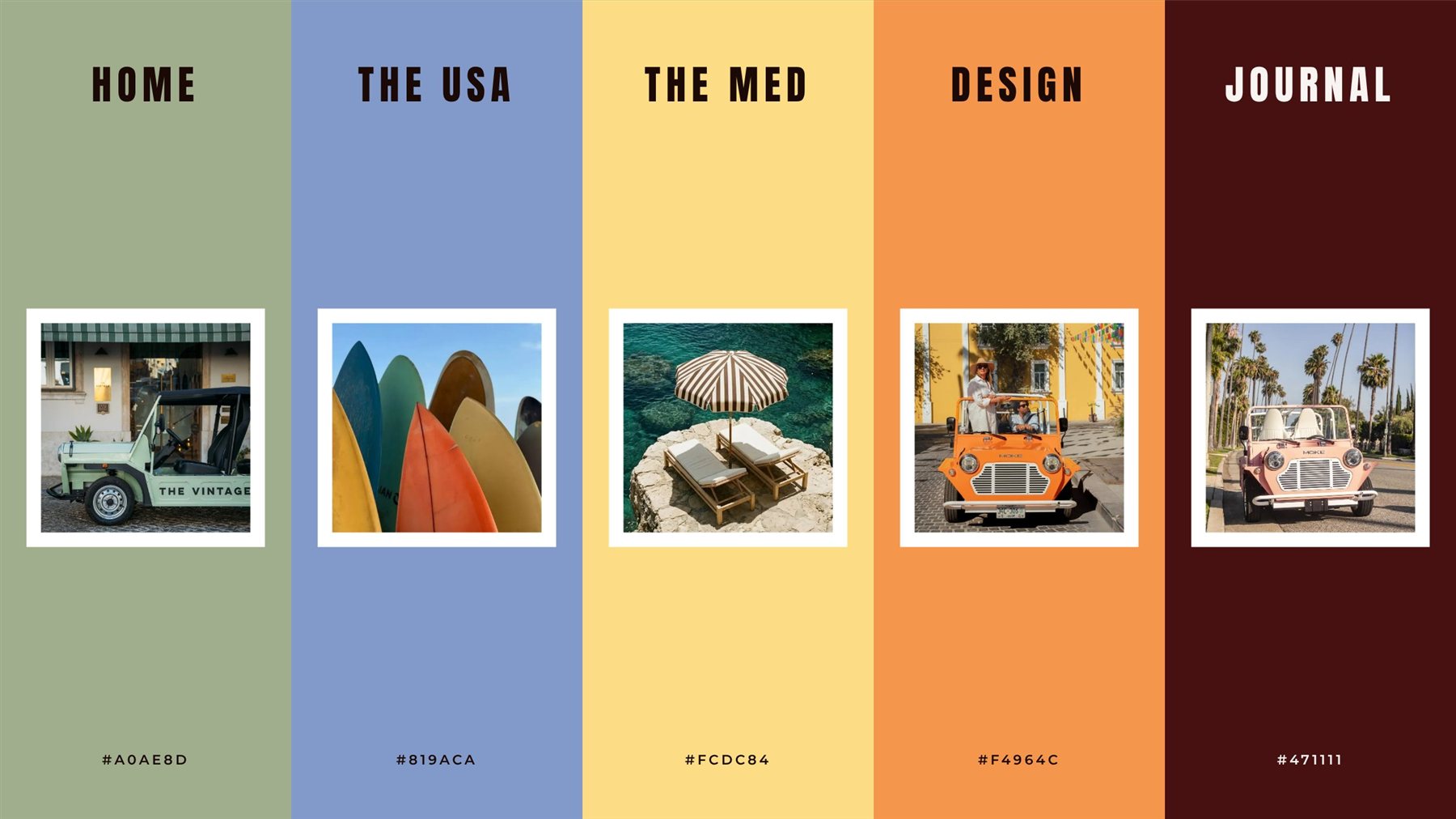 Moke — akcentne boje po sekcijama: Home, The USA, The Med, Design, Journal
