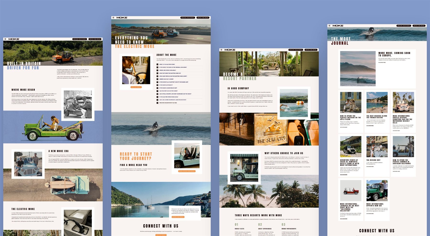 Moke — dizajn stranica: About, FAQ, Resort Partner i Journal