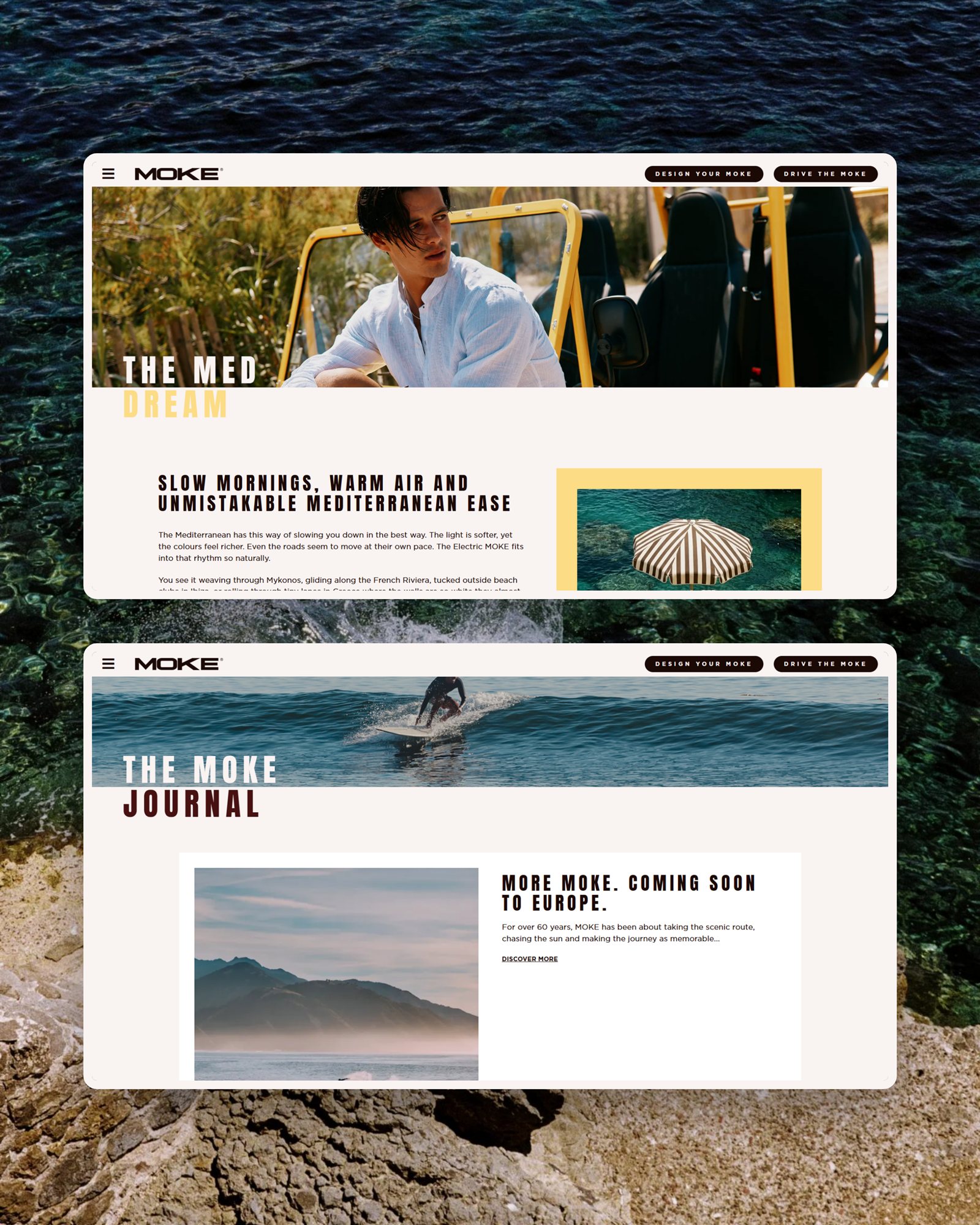 Moke — The Med Dream i The Moke Journal stranice na pozadini mora