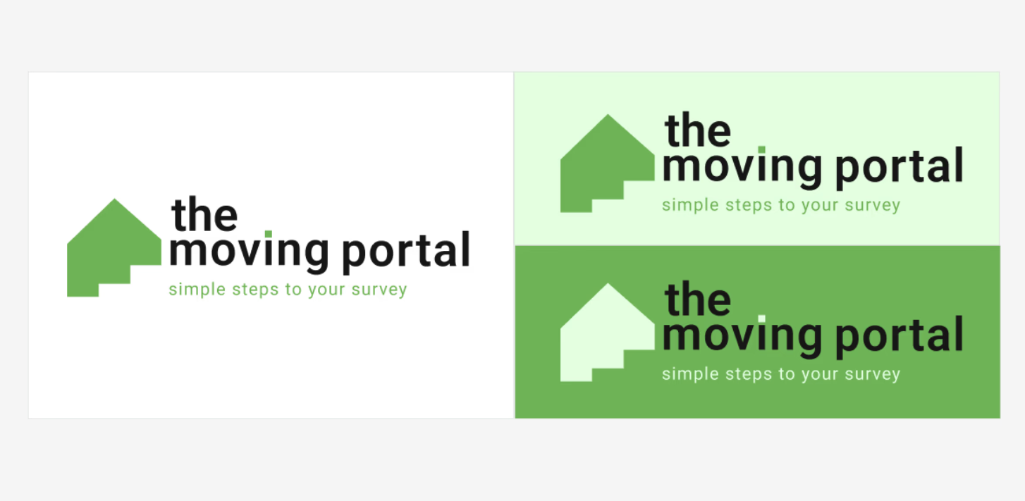 The Moving Portal — logo u tri varijante: na beloj, svetlozelenoj i zelenoj podlozi