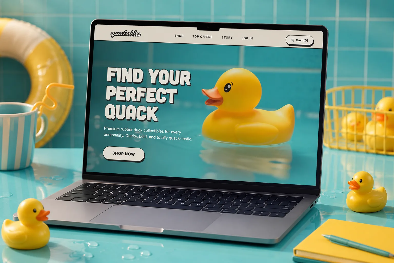 Quackables — sajt otvoren na laptopu, okružen gumenim patkama