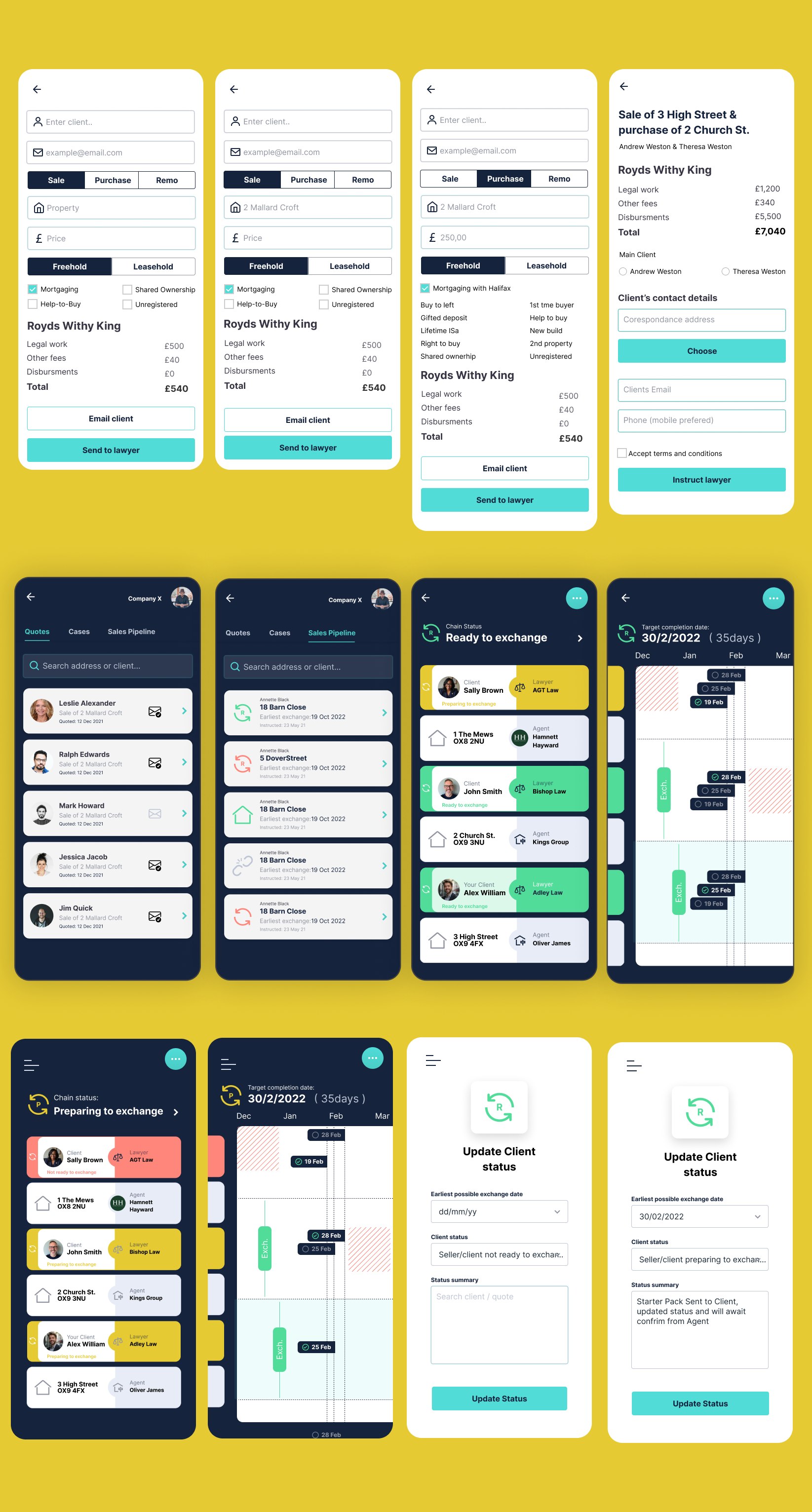 App ekrani — quote forma, Quotes, Sales Pipeline, Chain Status, timeline i Update Client status